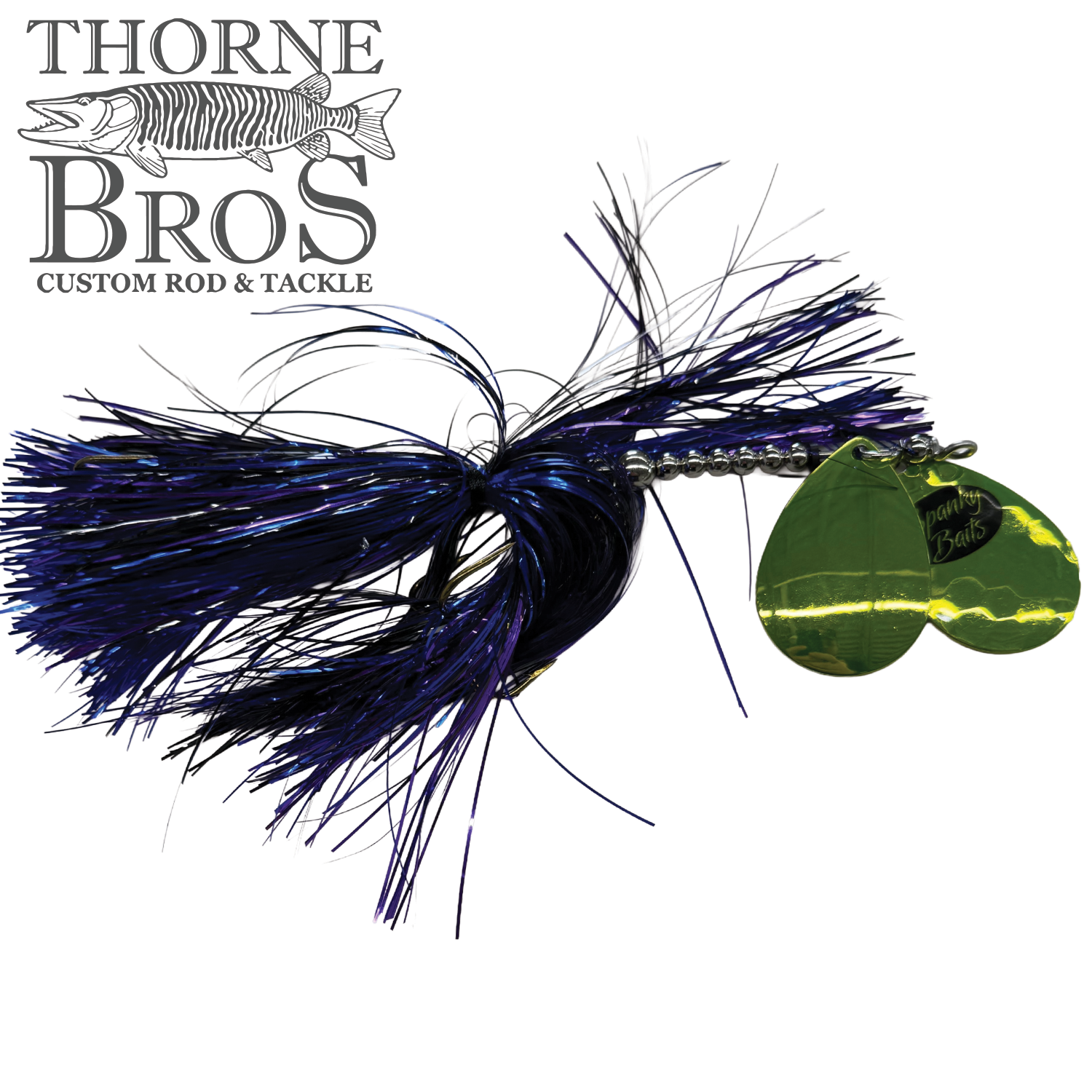 Spanky Baits Fireball 8" fishing lure with black and purple skirt, reflective gold spinner blades, designed for musky fishing in freshwater environments.