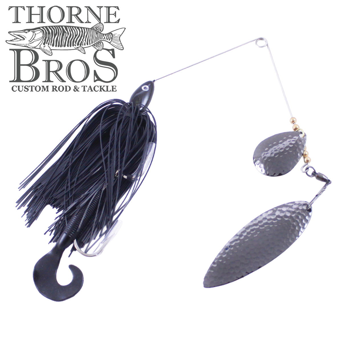 Ace Baits Small Spinnerbait black musky fishing lure with twin hammered blades and a silicone skirt for fishing tackle