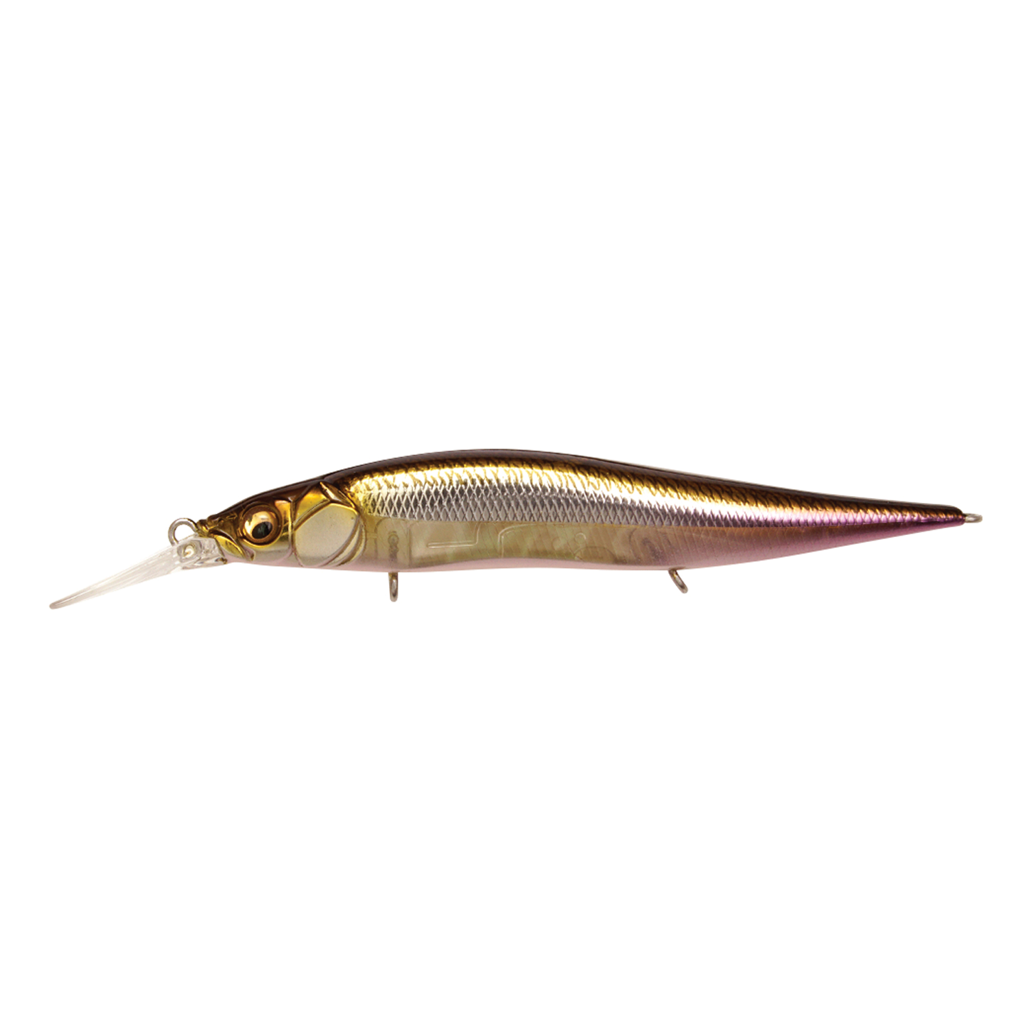 Megabass Vision 110+1 Jr. fishing lure with a sleek, elongated body in metallic gold and silver tones, designed for realistic movement to attract musky and other game fish.