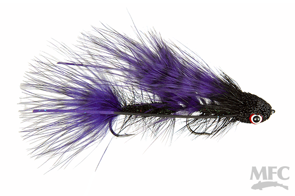 Galloup's Mini Dungeon #6 fly fishing lure featuring a black and purple feathered body with a detailed black head and red eye, designed for musky fishing tackle.
