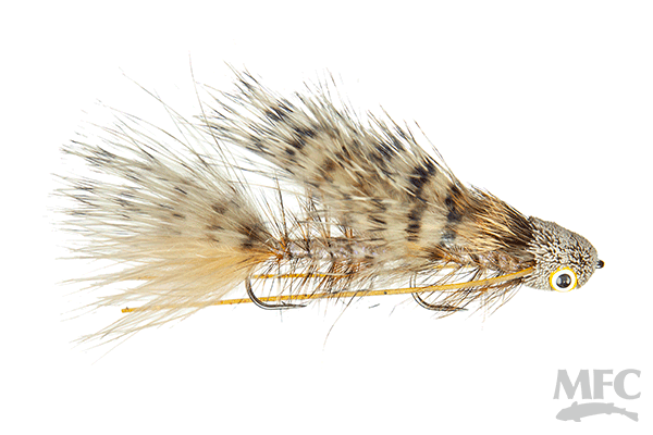 Galloup's Mini Dungeon #6 fishing lure featuring a detailed feathered body with mottled brown and cream colors, designed for musky fishing tackle.