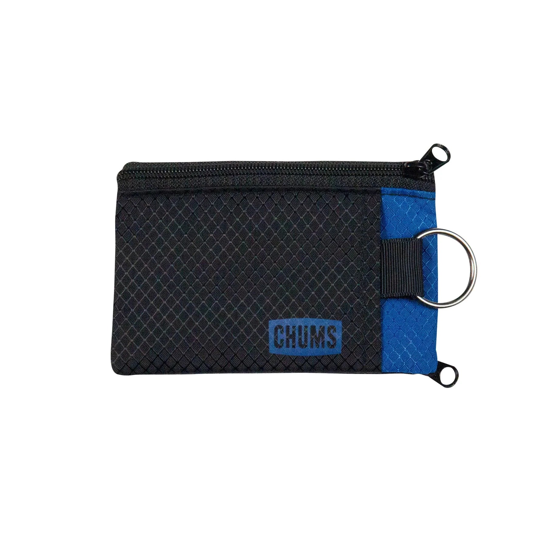 Chums Surfshorts Wallet in black and blue with zippered main compartment, small loop for attaching keys or gear, and textured durable fabric ideal for outdoor and fishing use.