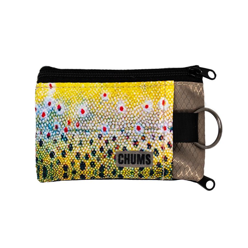 Chums Surfshorts Wallet in a colorful trout-inspired pattern with a zipper closure, key ring attachment, and durable fabric designed for fishing tackle and outdoor use.