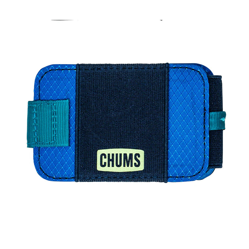 Chums Bandit Bi-Fold Wallet in blue and black with durable fabric, elastic band closure, and a compact design suitable for carrying fishing tackle or everyday essentials.