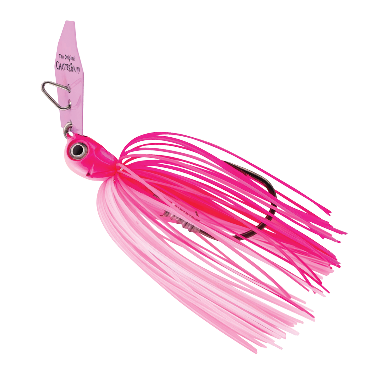 Z-Man Chatterbait Elite Evo HD in bright pink with a metal blade, detailed eye design, and flexible skirt strands, used as a fishing lure for effective fishing tackle.