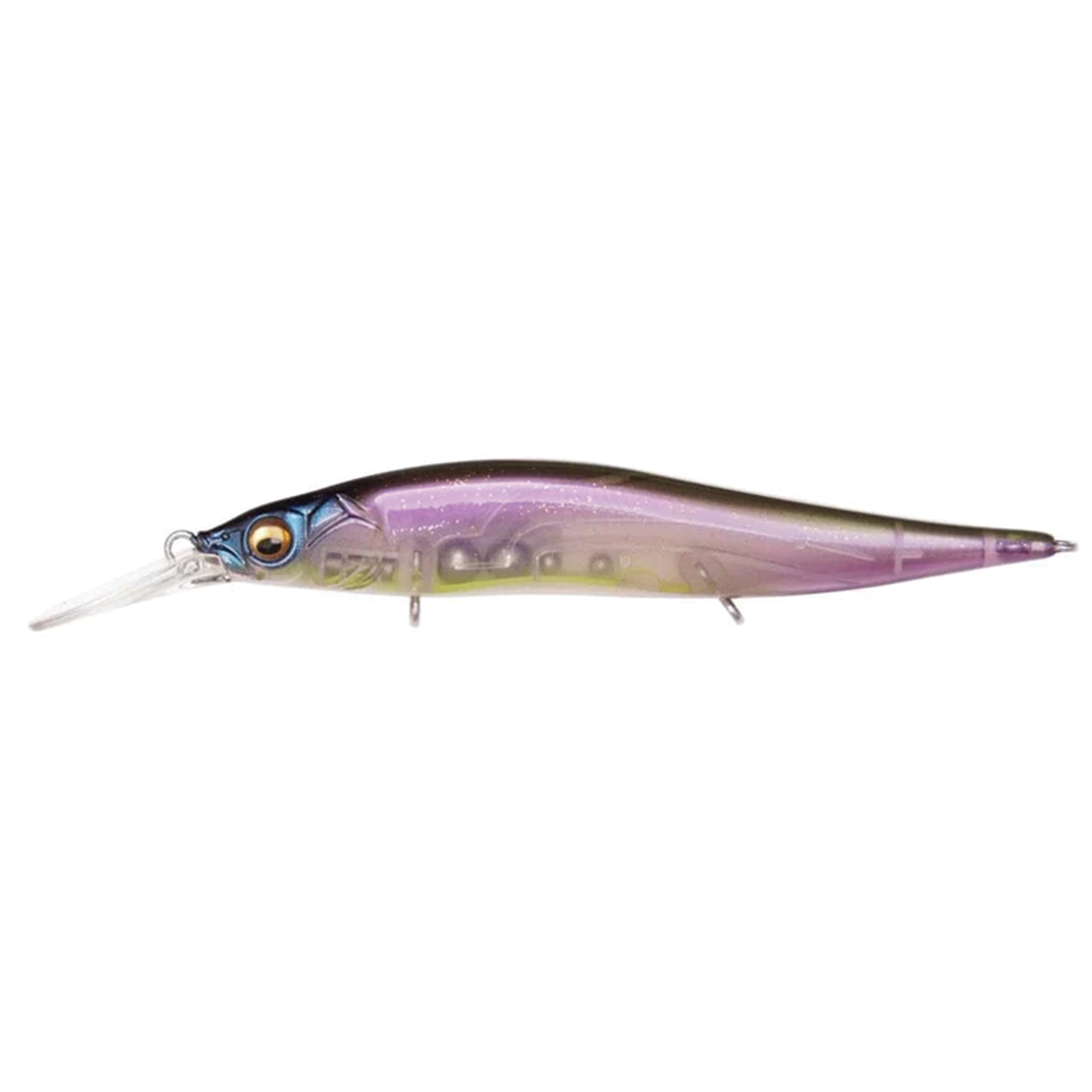Megabass Vision 110+1 fishing lure with a slender, elongated body in translucent purple and green hues, featuring realistic eye detail and a clear diving lip for fishing tackle use.