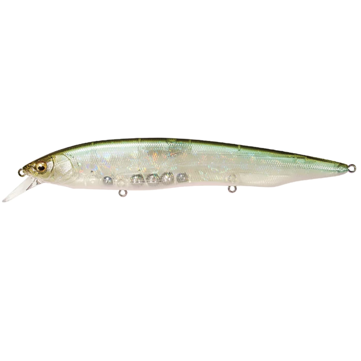 Megabass Kanata fishing lure with a translucent body and subtle green shading on top, designed for attracting musky and other game fish in freshwater fishing.
