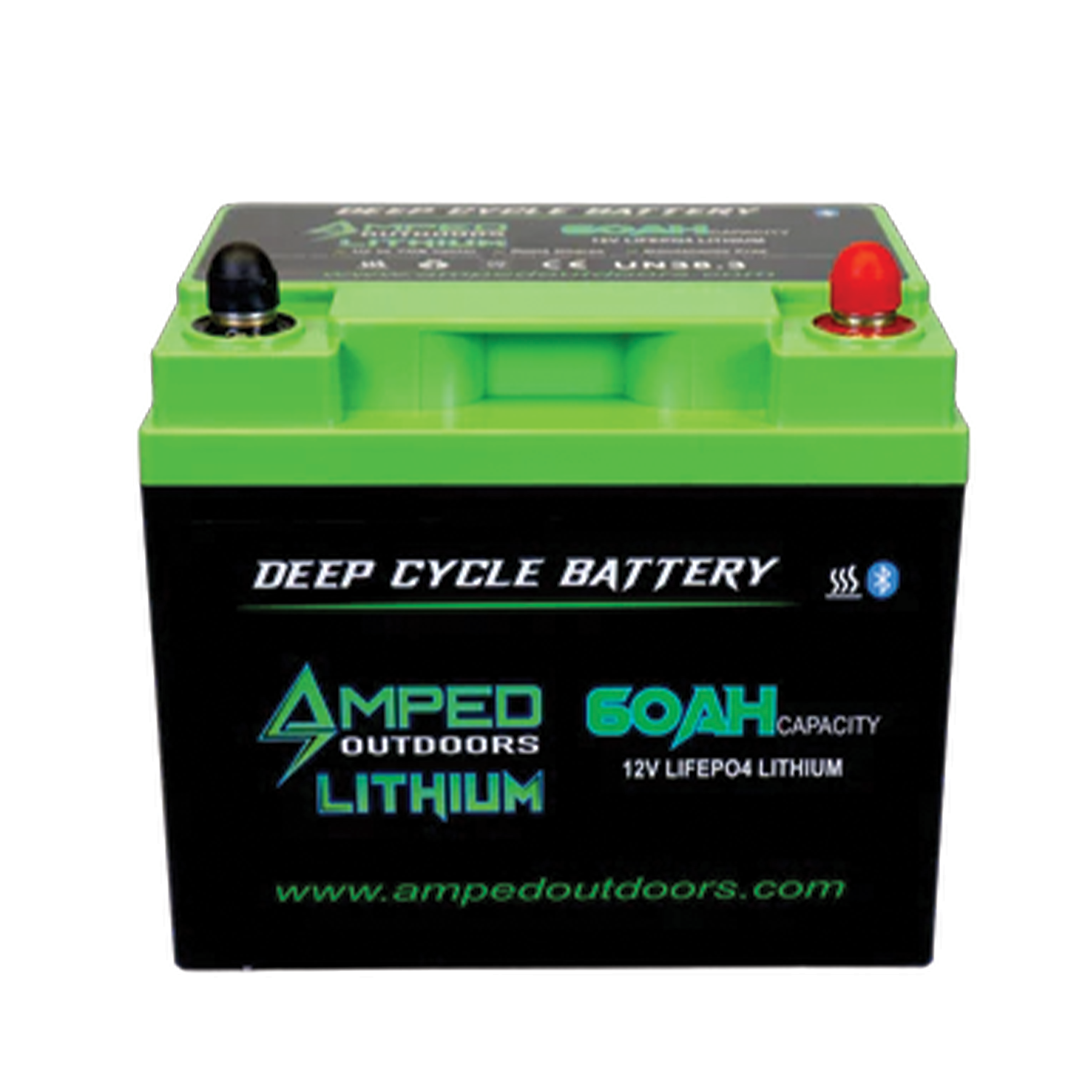 Amped Outdoors (LiFePO4) 60Ah 12v Lithium Battery - Battery Only, deep cycle with green top, black body, red and black terminals, designed for durable power in outdoor fishing and marine electronics.