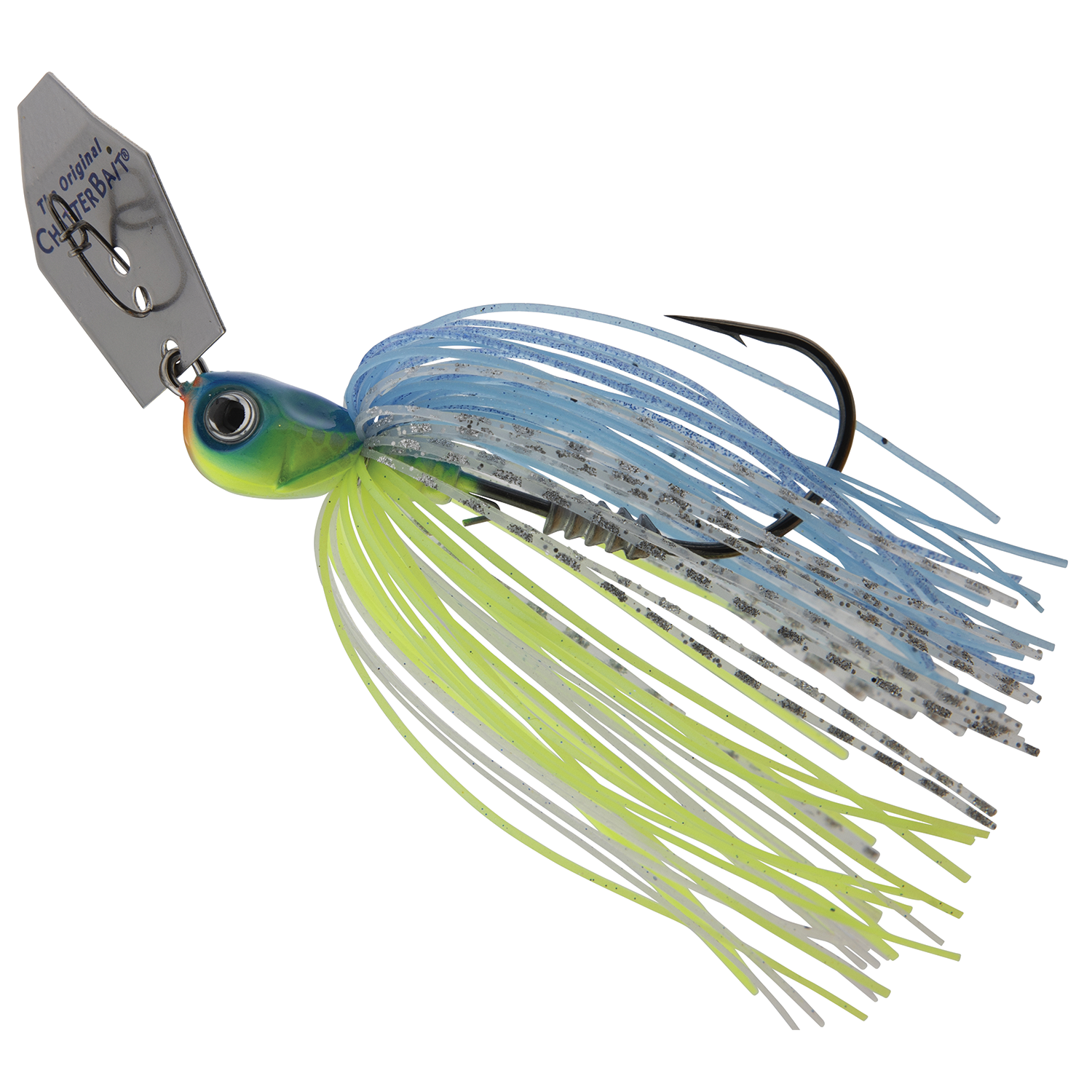 Z-Man Chatterbait Elite Evo fishing lure with a blue and green weighted head, detailed eyes, and multi-colored silicone skirt designed for musky fishing tackle.
