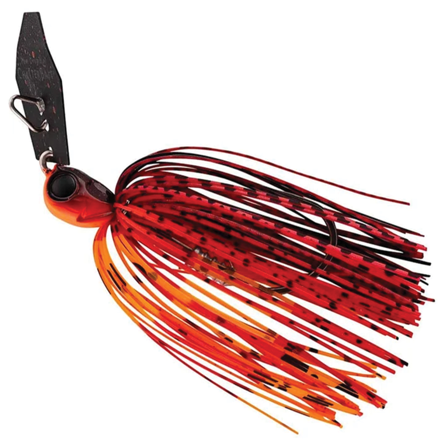 Z-Man Chatterbait Elite Evo fishing lure with an orange and black skirt, black blade, and realistic eyes, designed for effective fishing tackle use.