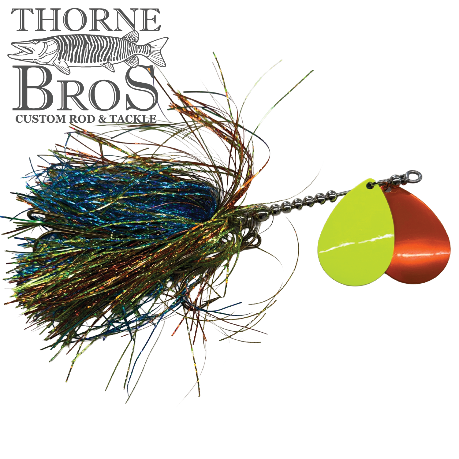 Spanky Baits Fireball 8" fishing lure with multicolored tinsel skirt and two metal spinner blades in chartreuse and orange, designed for musky fishing.
