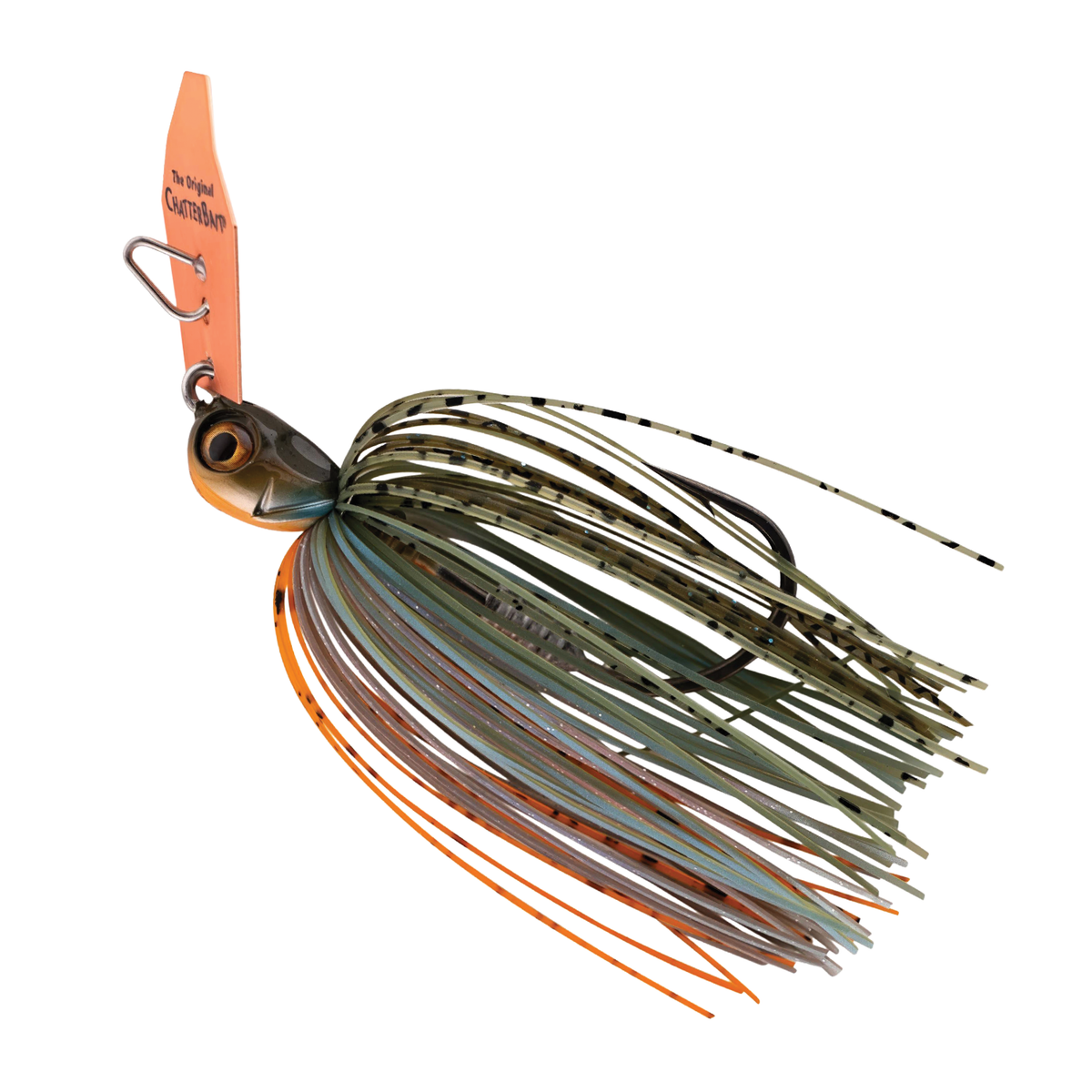 Z-Man Chatterbait Elite Evo HD fishing lure with a detailed head, realistic eye, and multicolored silicone skirt in green, orange, and gray stripes designed for freshwater fishing tackle.