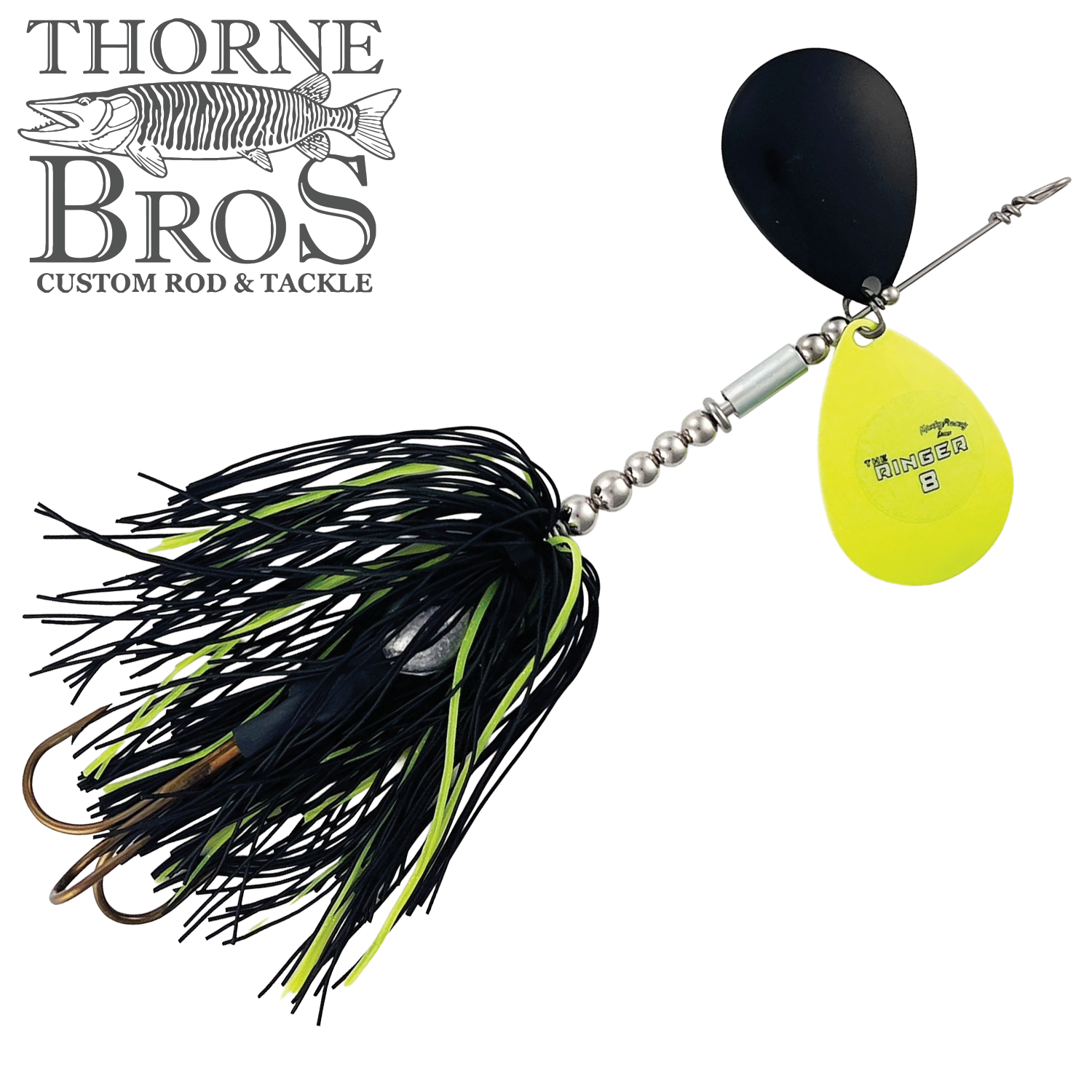 Musky Frenzy The Ringer 8 fishing lure with black and chartreuse skirt, silver beads, and two spinner blades in black and chartreuse, designed for musky fishing.