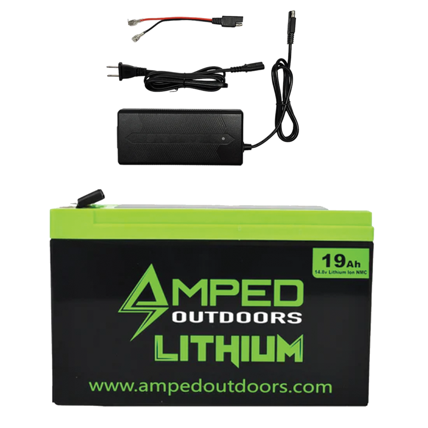 Amped Outdoors (LiFePO4) Lithium Batteries - Battery w/Charger featuring a black and green 19Ah lithium battery with charger cables and a power adapter, ideal for marine electronics and fishing tackle power needs.