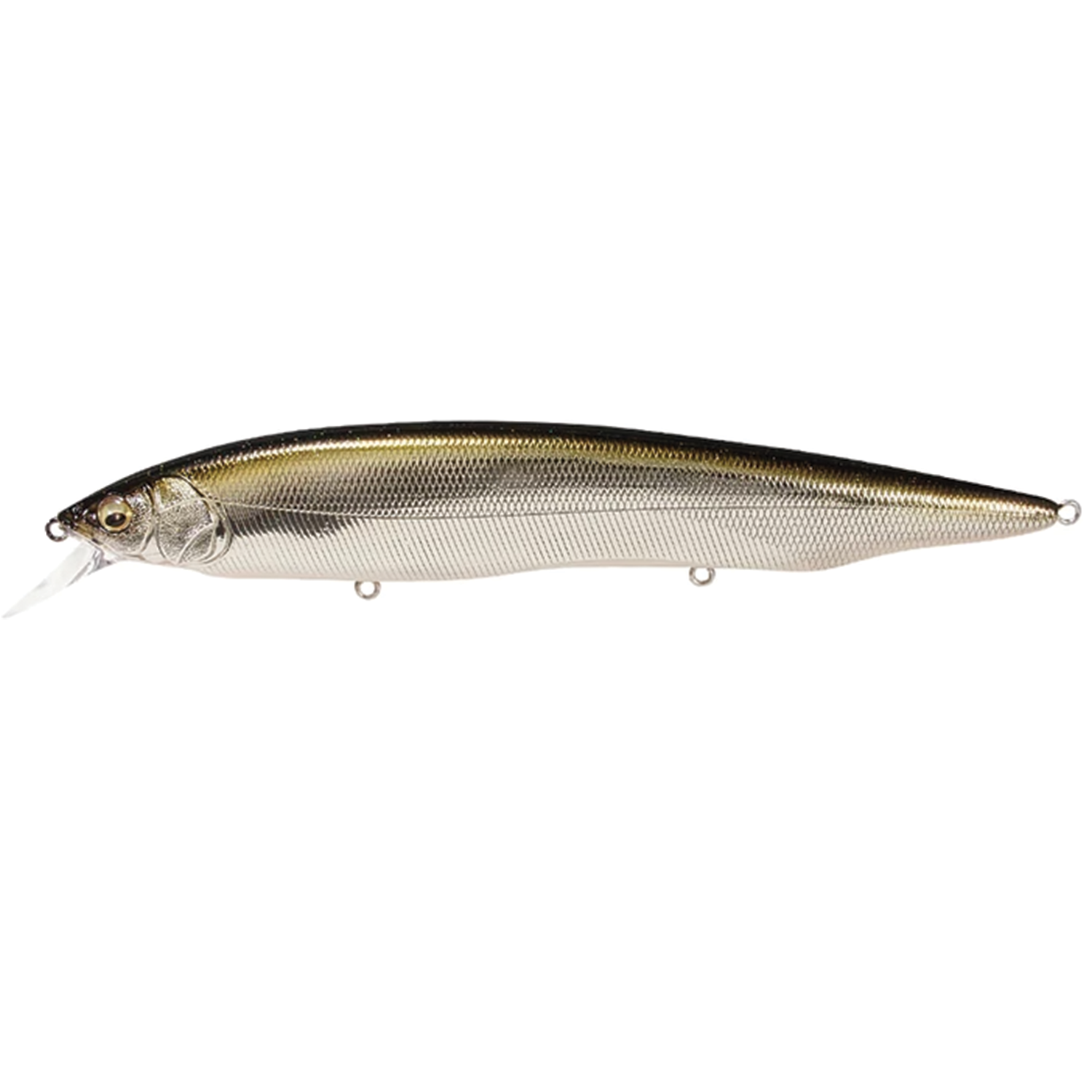 Megabass Kanata fishing lure with a sleek, elongated body in metallic gold and silver tones designed for lifelike movement in water to attract game fish.