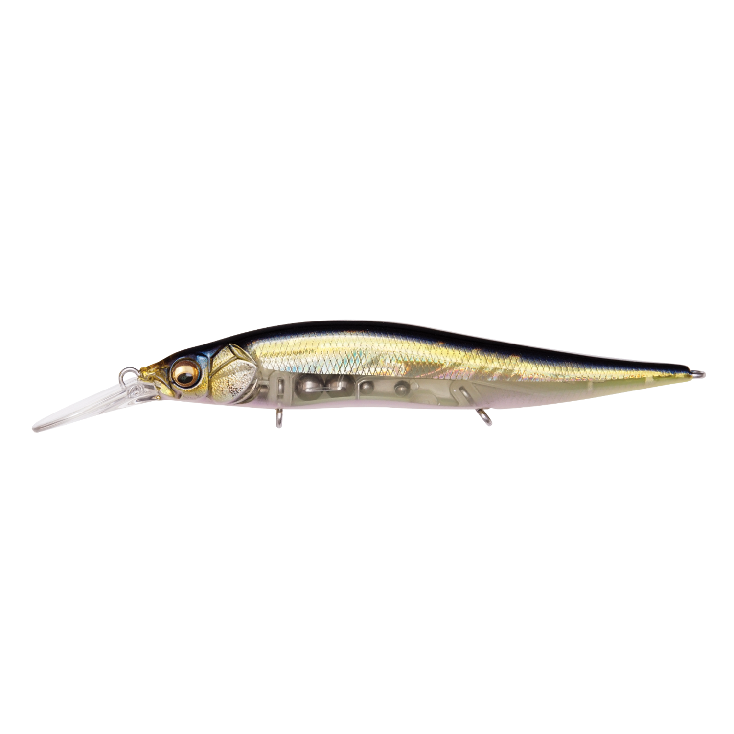 Megabass Vision 110+1 Jr. fishing lure with a sleek, elongated body, realistic eye detail, and a reflective finish designed for effective fishing tackle performance.