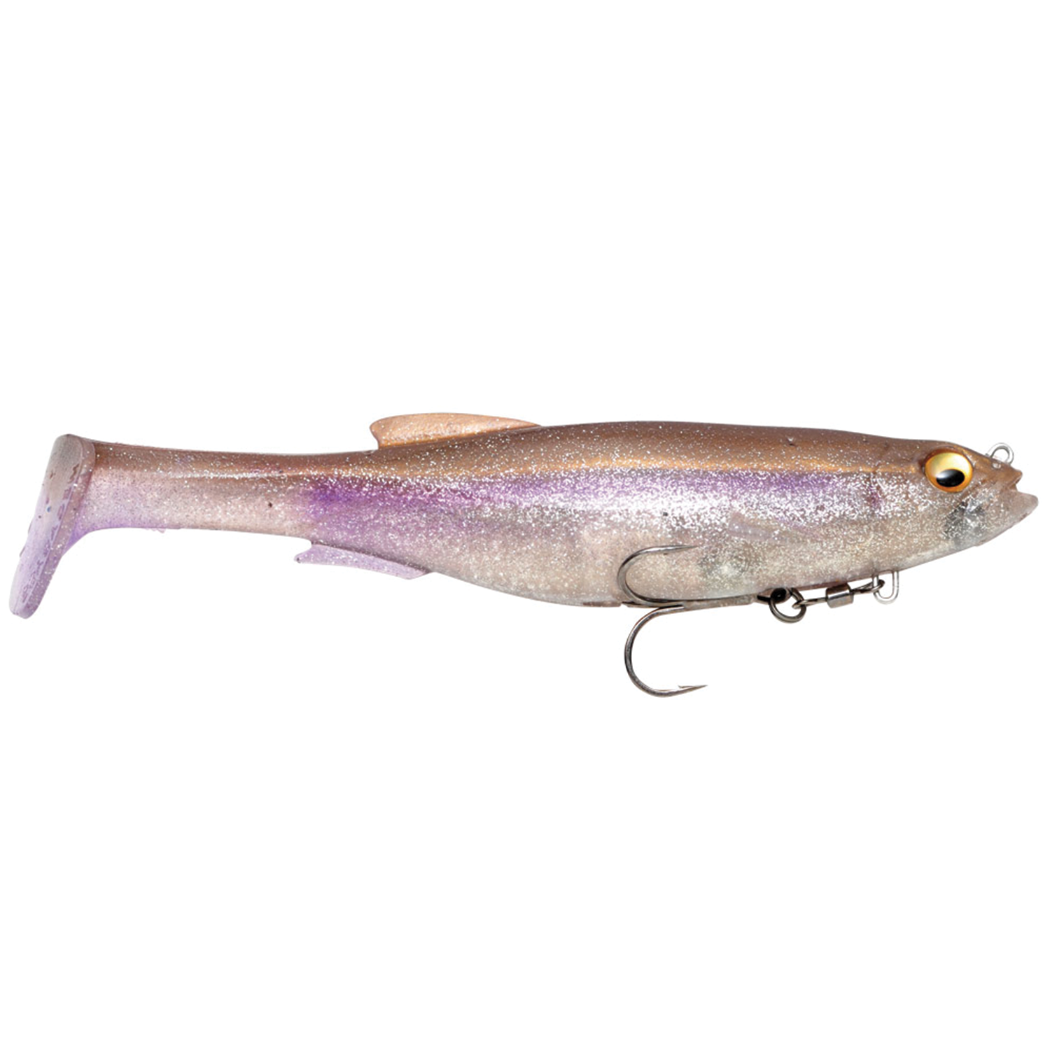 Megabass Magdraft soft fishing lure in a shad shape with a paddle tail, featuring a realistic eye and an attached single hook, designed for musky fishing tackle.