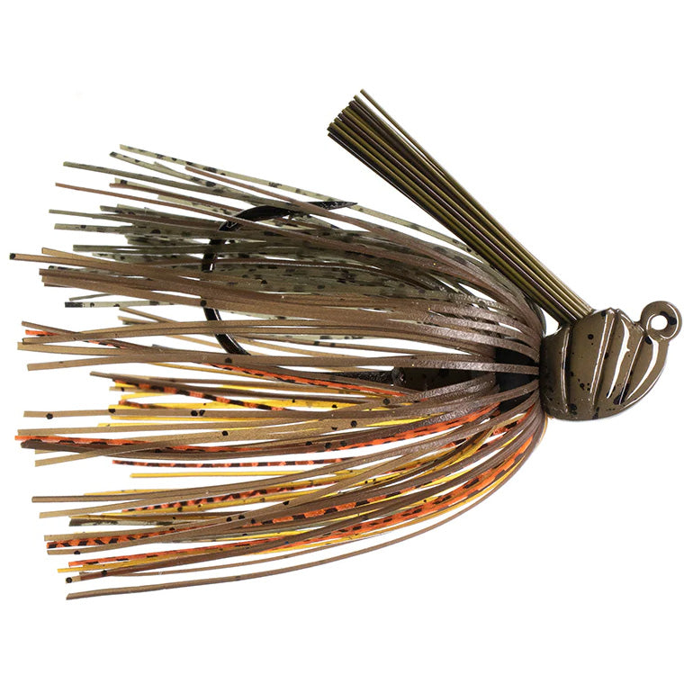 Dirty Jigs Scott Canterbury Flippin Jig in earthy brown and orange tones with a weed guard, featuring multiple flexible skirt strands for fishing tackle use.