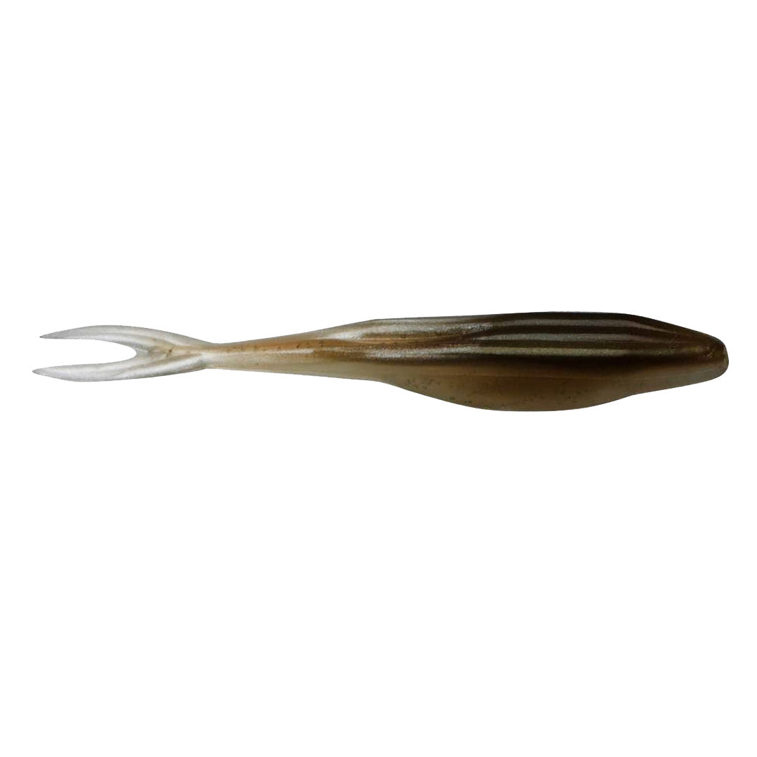 Zoom Bait Company Super Fluke Jr fishing lure in brown and tan hues with a slender body and forked tail designed for musky fishing tackle.