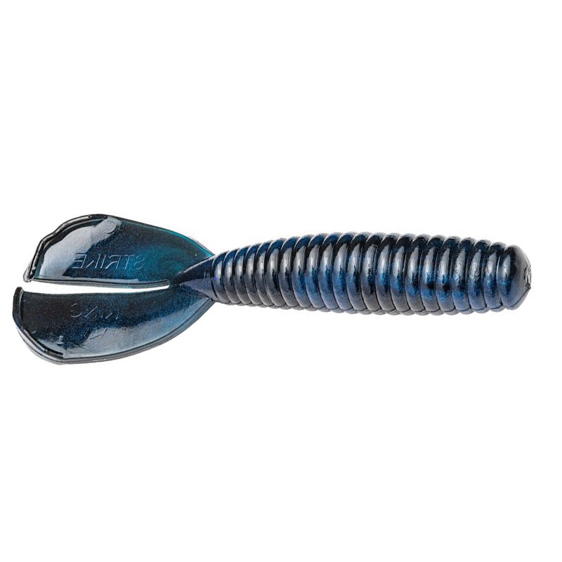 Strike King Magnum Rage Menace Grub fishing lure in dark blue and black, designed for musky fishing with a ribbed body and paddle tail to create lifelike movement in water.