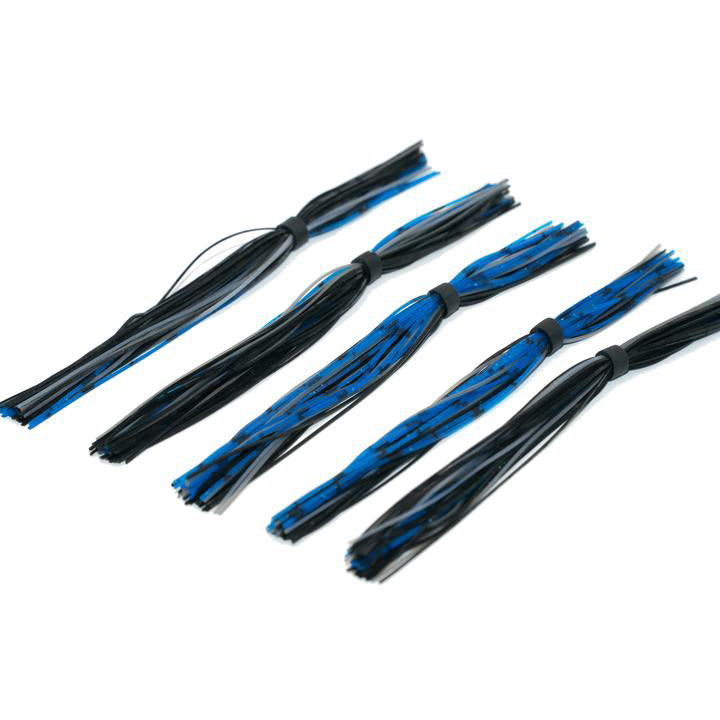 Five bundles of 6th Sense Silicone Skirt fishing lure skirts in alternating black and blue colors with striping, designed for customizing fishing tackle.