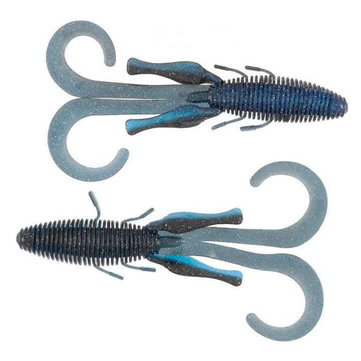 Two soft plastic fishing lures in dark blue with glitter, featuring ribbed bodies and multiple curly tails, designed as Missile Baits D Stroyer for musky fishing tackle.