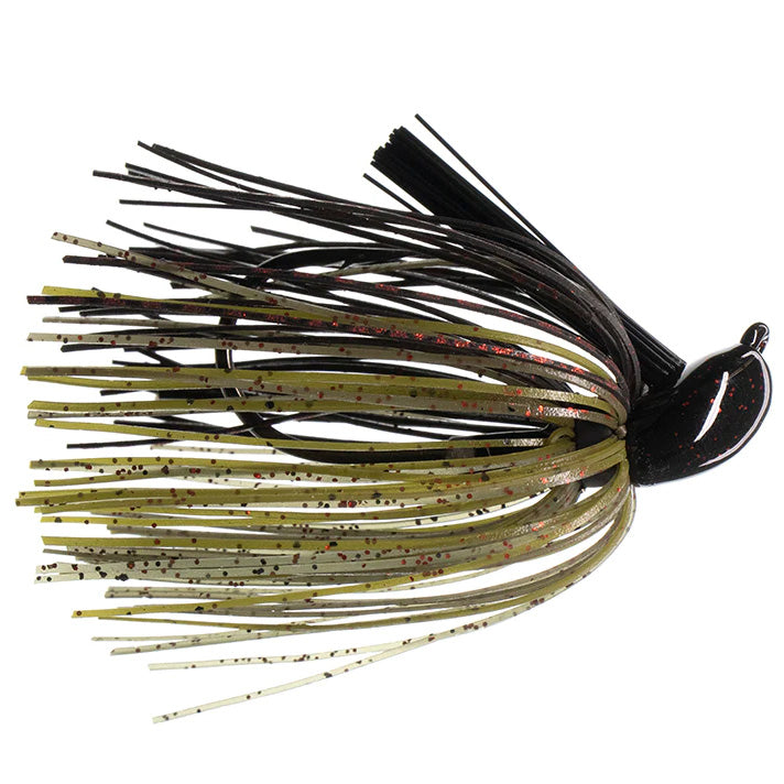 Dirty Jigs Tour Level Pitchin' Jig fishing lure featuring a detailed skirt with olive green and black strands flecked with red, designed for musky and ice fishing tackle.