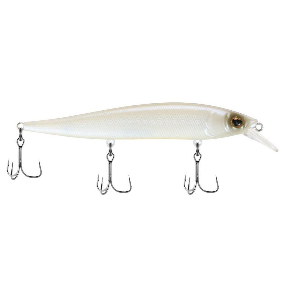Berkley Stunna 112 Jerkbait fishing lure in pearlescent white with three treble hooks and a clear diving lip, designed for effective fishing tackle use.