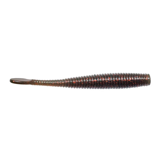Close-up of a dark-colored, ribbed fishing lure with a paddle tail, designed as the SPRO CJ Smasher Worm for effective fishing tackle use.