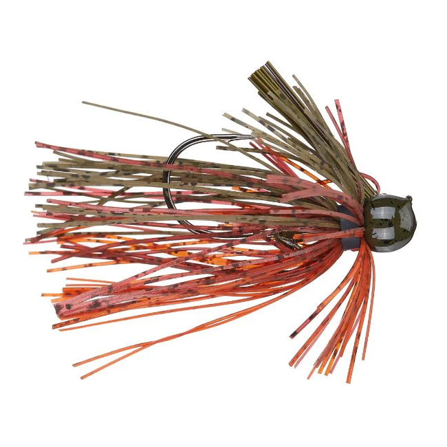 Dirty Jigs Luke Clausen Finesse Jig fishing lure with a detailed skirt in shades of brown, orange, and red, designed for precision fishing tackle use.