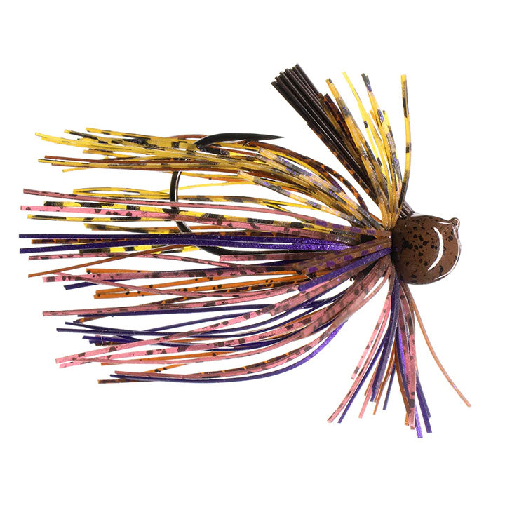 Dirty Jigs Luke Clausen Finesse Jig shown in close-up detail, featuring a multi-colored skirt with shades of yellow, purple, pink, and black, designed for fishing tackle use.