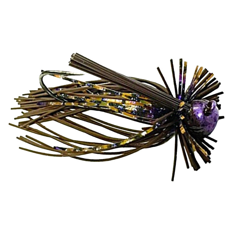 Close-up image of the Greenfish Tackle Itty-Bitty Living Rubber Finesse Jig fishing lure, featuring a detailed rubber skirt with mixed dark and purple hues and a sharp hook for finesse fishing tackle.