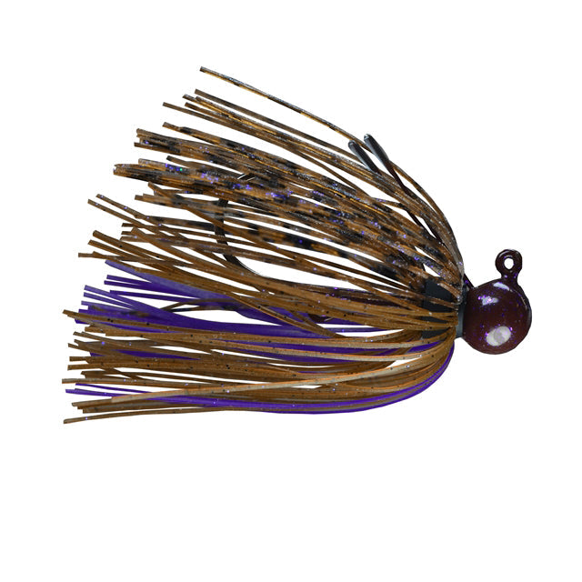 Picasso Lures Tungsten Little Spotty Finesse Jig with brown and purple skirt strands attached to a small weighted head featuring white spots, designed for fishing tackle use.