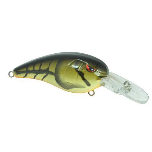 SPRO RkCrawler 55 MD Crankbait fishing lure with green and yellow fish pattern, red eye detail, and clear plastic diving lip for effective fishing tackle use.