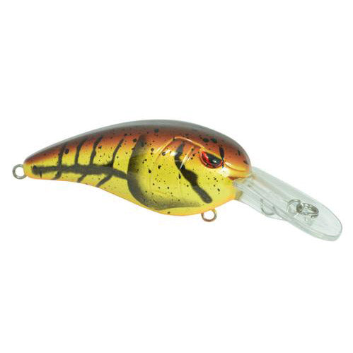 SPRO RkCrawler 55 MD Crankbait fishing lure with a yellow and brown patterned body, detailed red eye, and clear plastic diving lip for attracting fish.