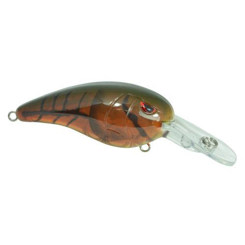 SPRO RkCrawler 55 MD Crankbait fishing lure in brown and green tones with a clear diving lip, designed for freshwater fishing tackle targeting musky and predatory fish.