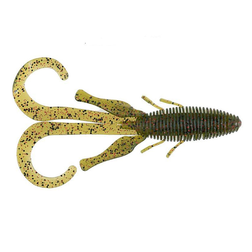 Missile Baits D Stroyer fishing lure in greenish-yellow with black and red speckles, featuring a ribbed body and multiple curly appendages designed for freshwater fishing tackle.