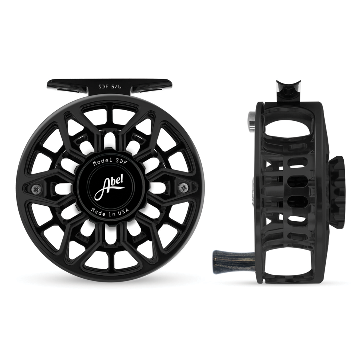 Abel SDF Ported Reel in black shown from front and side views with open ported frame spool and ergonomic handle for fly fishing tackle