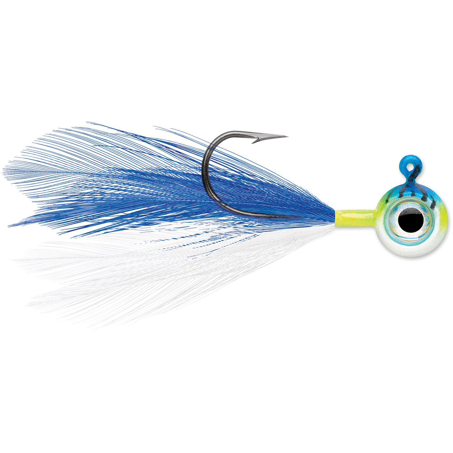 VMC Moon Fly Jig fishing lure with a detailed eye design, blue and white feather skirt, and sharp single hook, ideal for musky and freshwater fishing tackle.