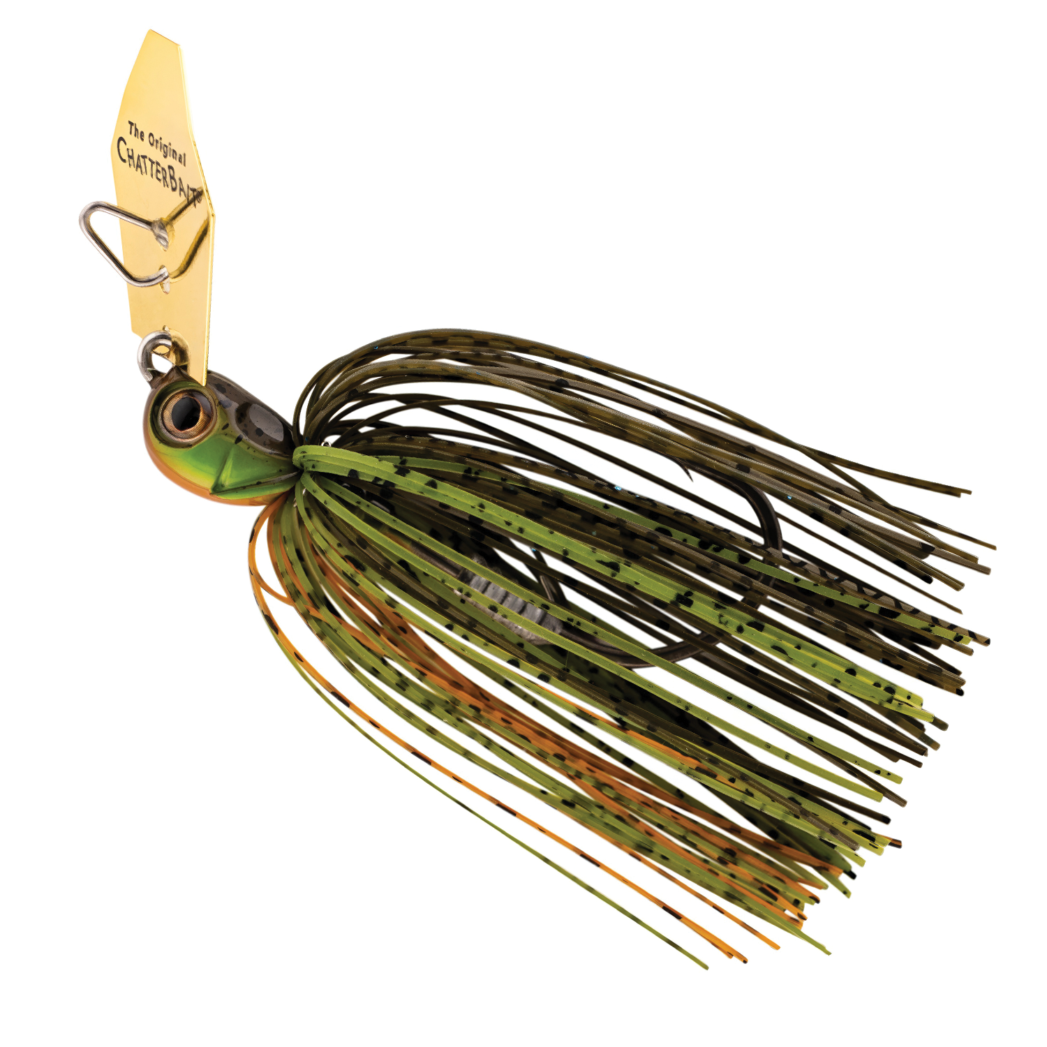 Z-Man Chatterbait Elite Evo HD fishing lure with green and orange skirt, detailed head, and gold-colored blade designed for effective fishing tackle use.