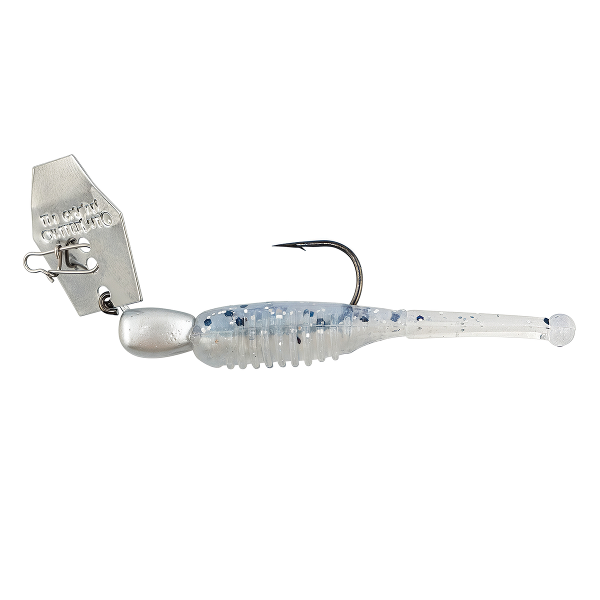 Z-Man Micro Finesse Chatterbait fishing lure with a silver chatter blade and a soft, clear ribbed body with blue flecks designed for finesse fishing tackle.