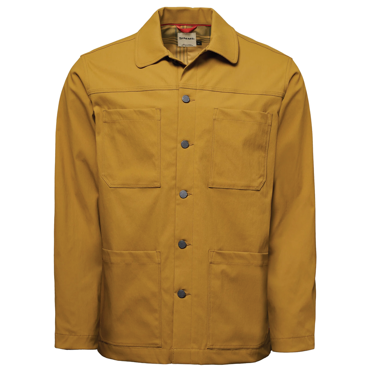 Simms Chore Coat - Men's mustard work jacket with button front closure four utility pockets pointed collar and long sleeves shown on white background
