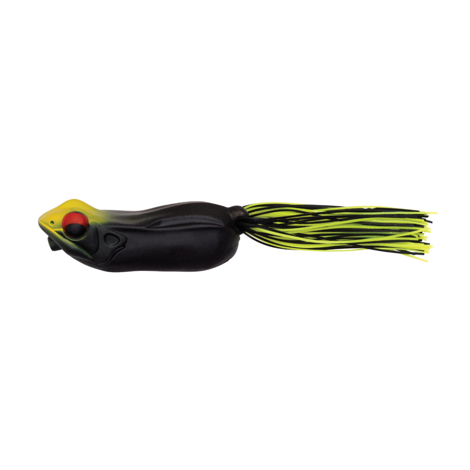 Megabass Big Gabot topwater frog fishing lure with a black and yellow body, red eyes, and yellow-and-black rubber skirt designed for musky and freshwater fishing.