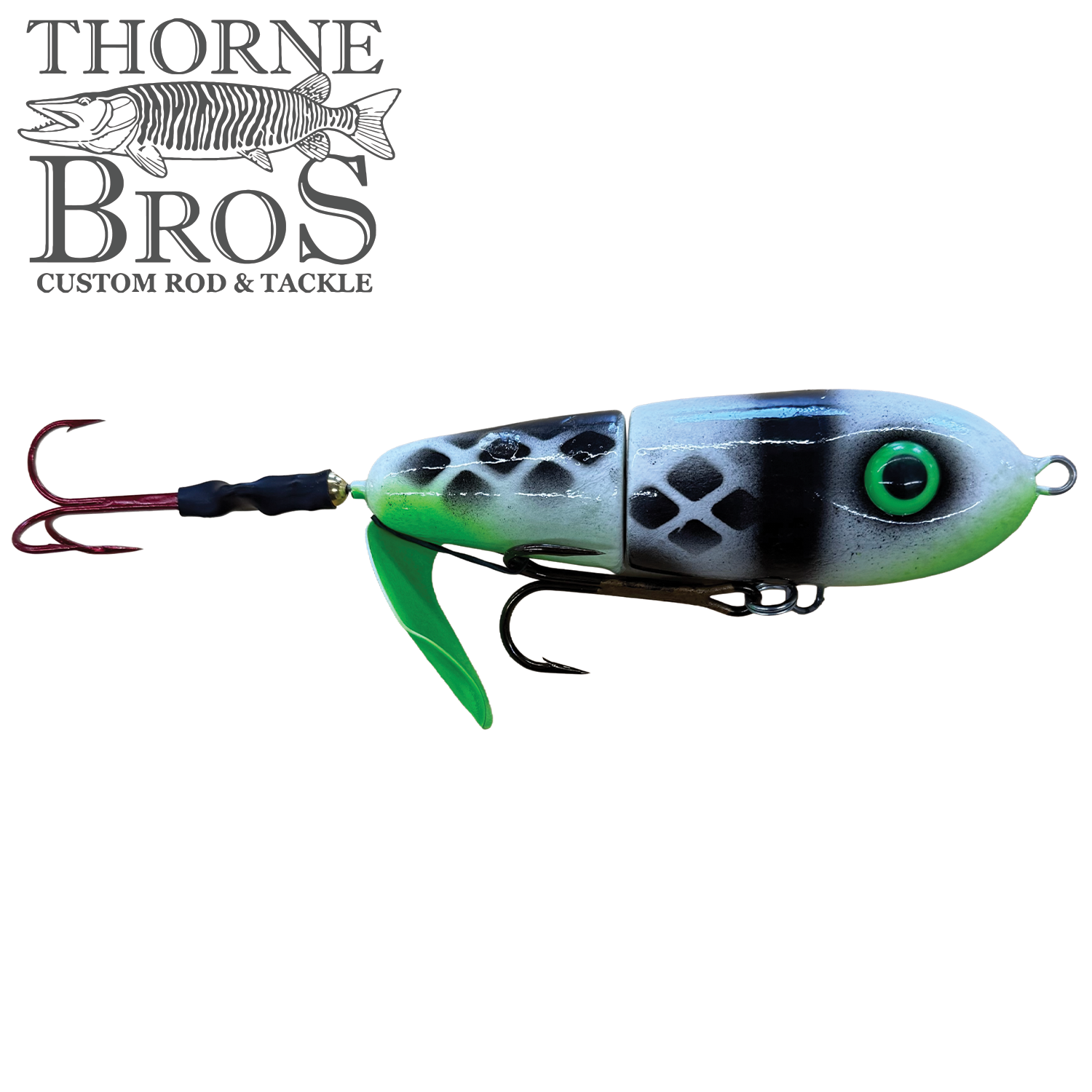 Lake-X Dr. Evil fishing lure with a segmented body in green, black, and white colors, featuring realistic green eyes and sharp treble hooks, designed for musky fishing.