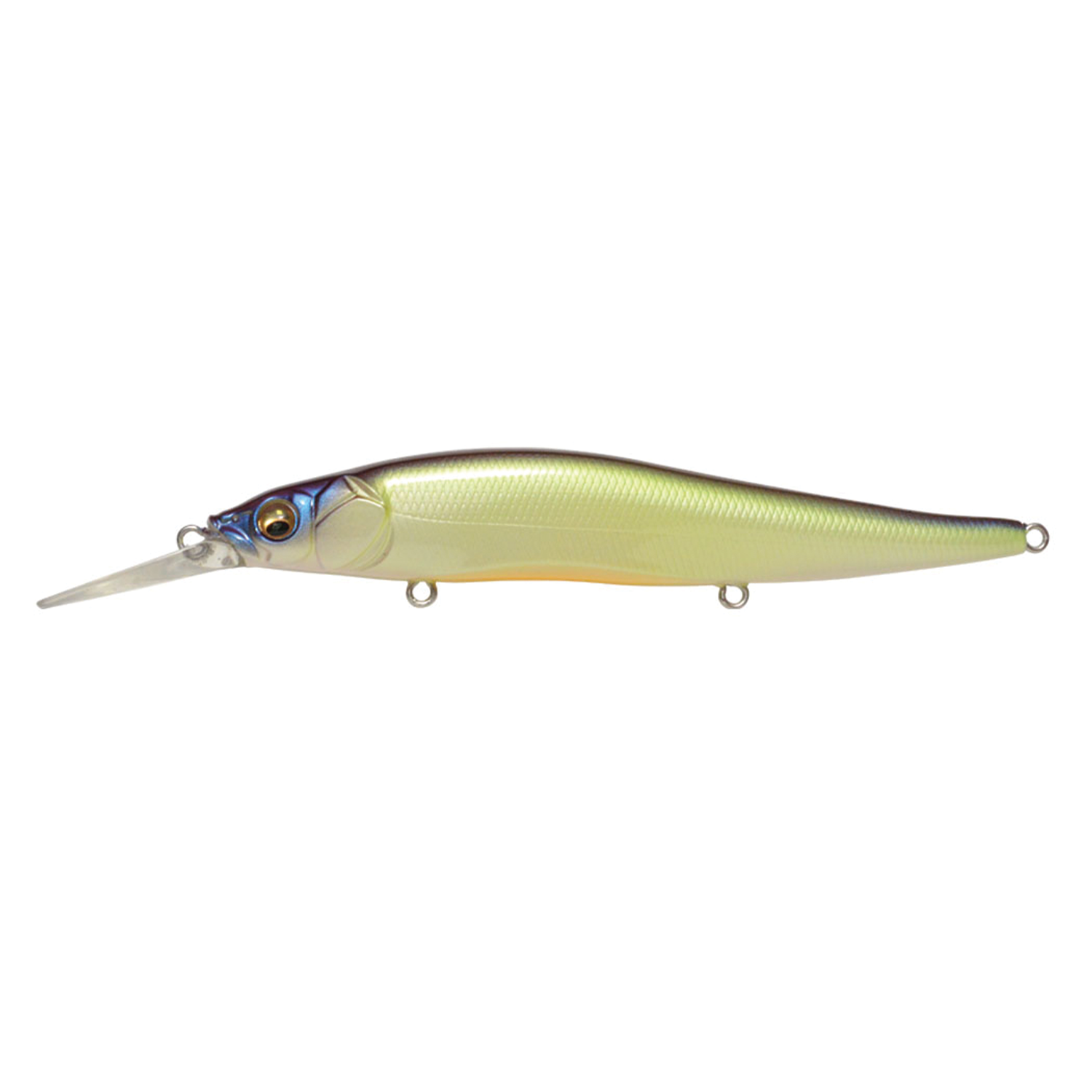 Megabass Vision 110+1 fishing lure in metallic yellow and green tones with a long clear diving lip and realistic detailed eyes, designed for effective fishing tackle.