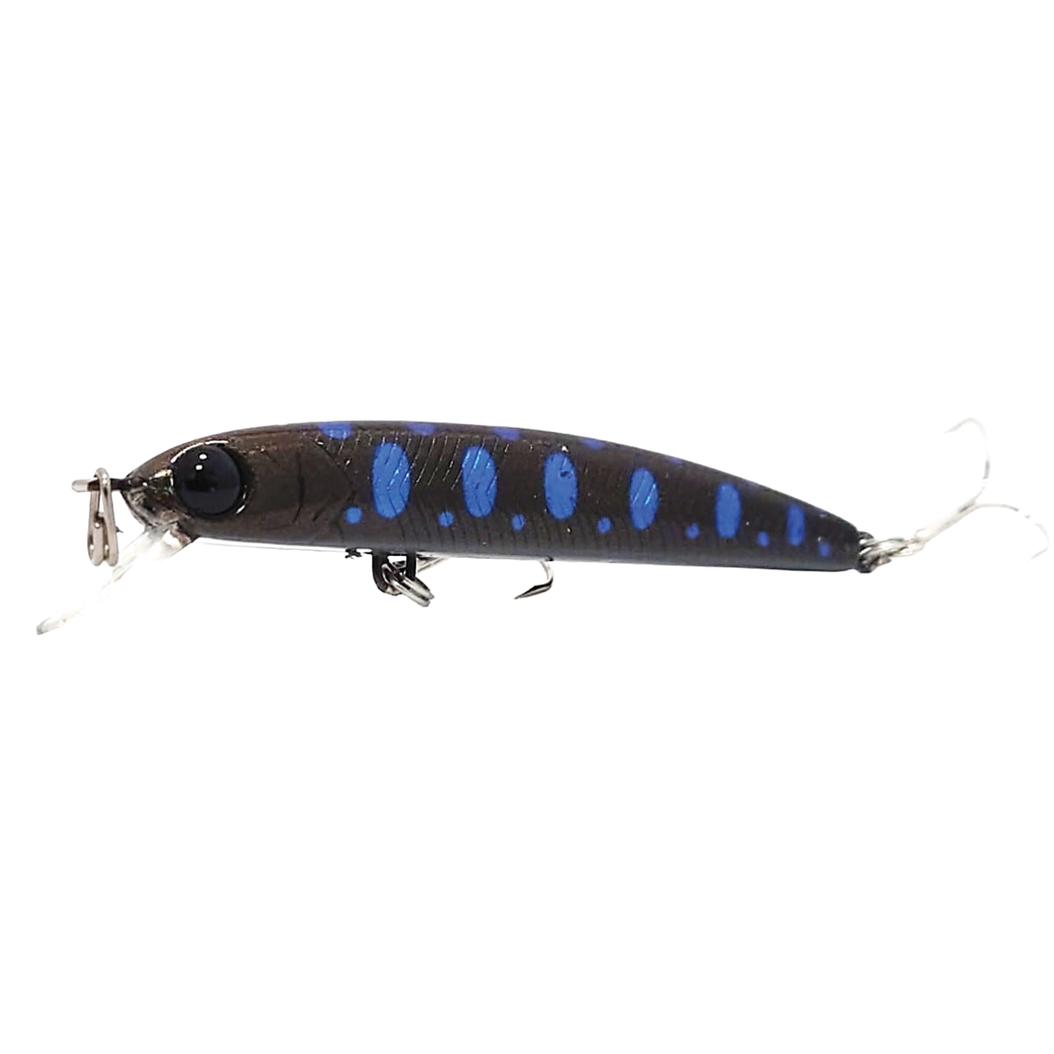 HMKL K-I Minnow 50 S Stream Ver. fishing lure with a dark body and bright blue spots, designed for effective use in fishing tackle and angling applications.