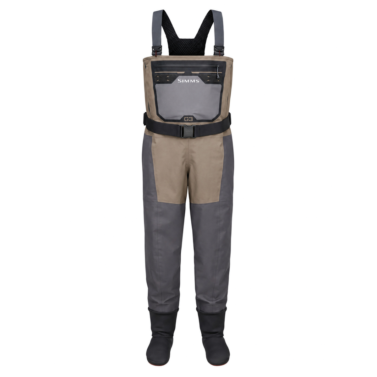 Simms G3 Pro Stockingfoot Waders - Men's in brown and gray with adjustable suspenders chest pocket belt and integrated stockingfoot boots