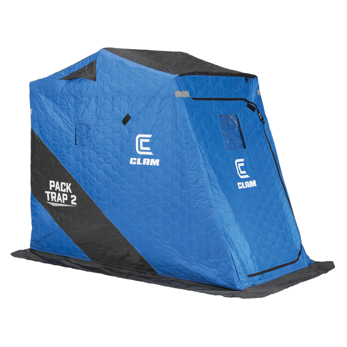Clam PackTrap 2 blue and black portable ice fishing shelter with zippered door mesh windows and sturdy insulated walls on a white background