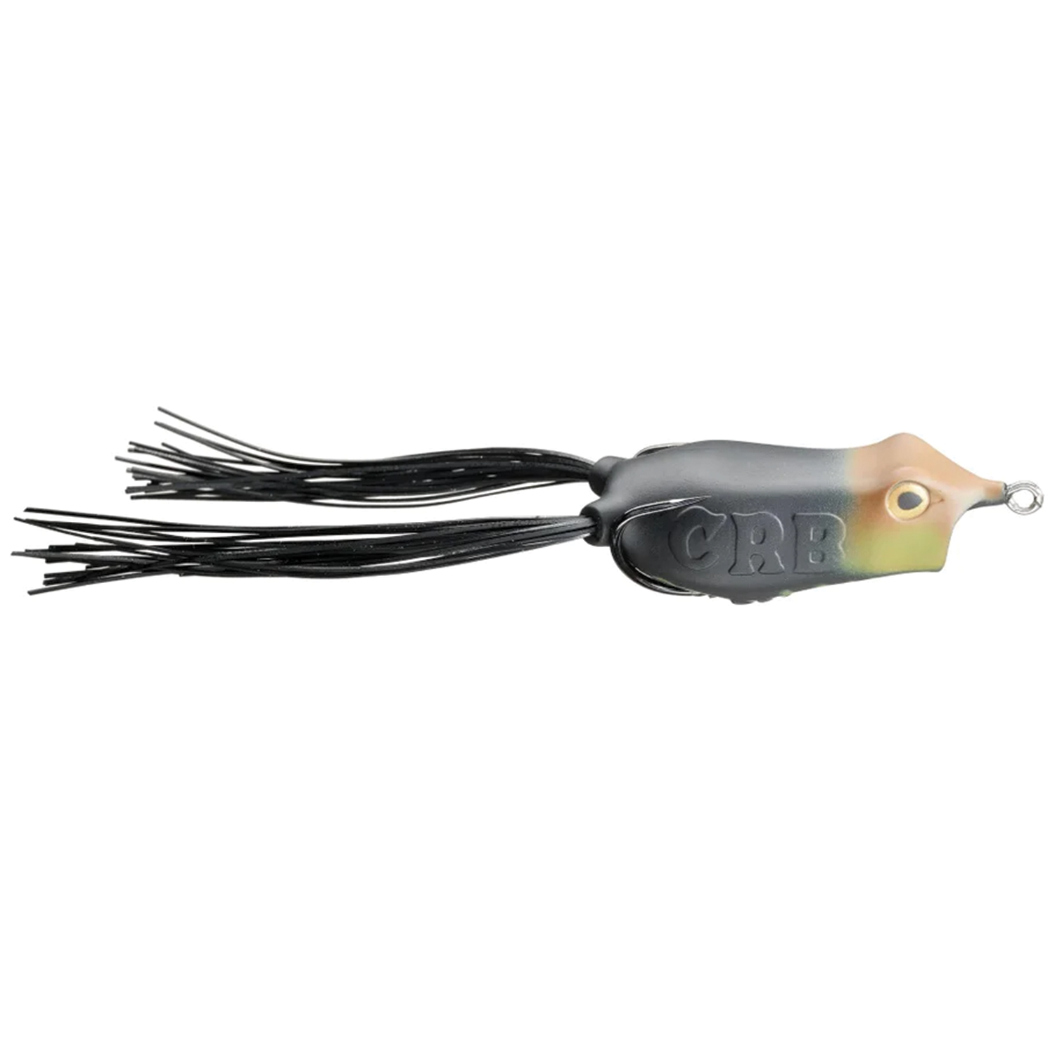 Copper Red Baits Loud Mouth Frog fishing lure with black skirted legs, frog-shaped body in shades of black, red, green, and tan, designed for freshwater fishing tackle.
