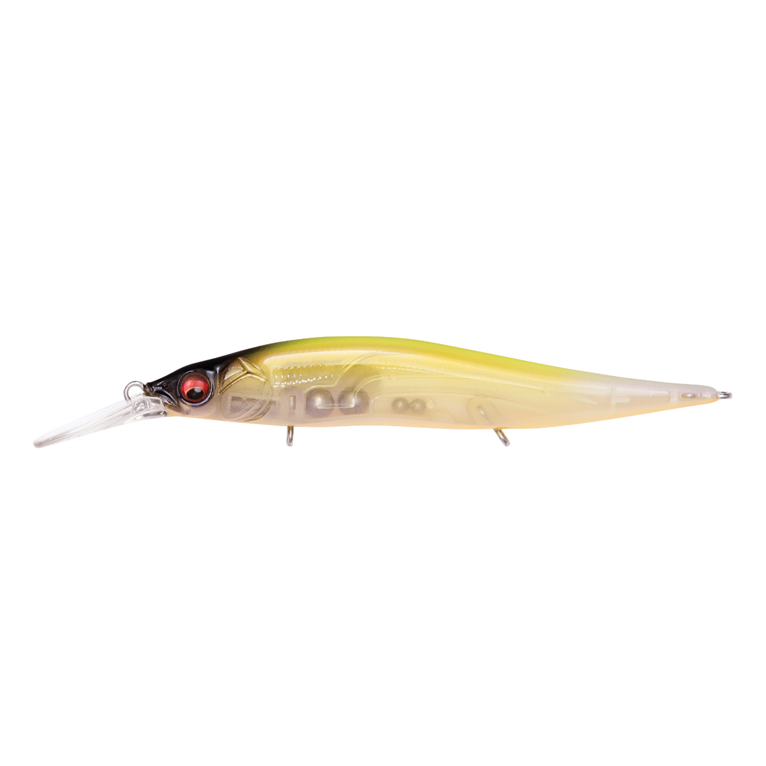 Megabass Vision 110+1 Jr. fishing lure with a translucent yellow-green body, detailed with red eyes and internal bead weights, designed for effective fishing tackle use.